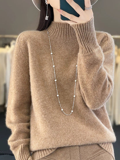Women Autumn Pure Color 100%Wool Half-Turtleneck Sweater