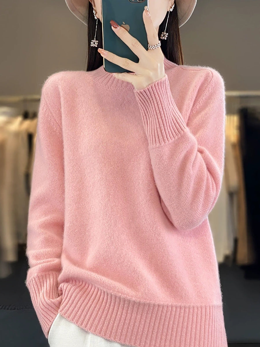 Women Autumn Pure Color 100%Wool Half-Turtleneck Sweater