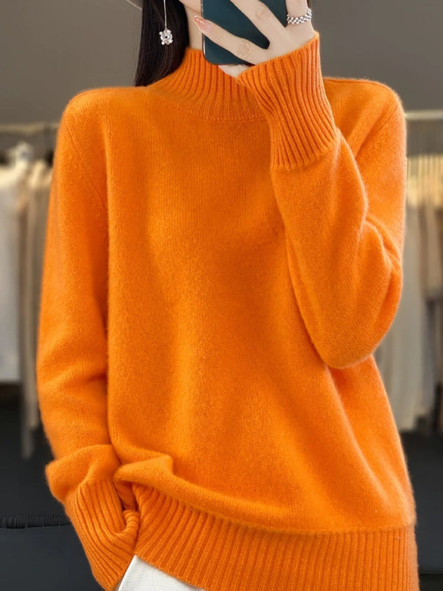 Women Autumn Pure Color 100%Wool Half-Turtleneck Sweater
