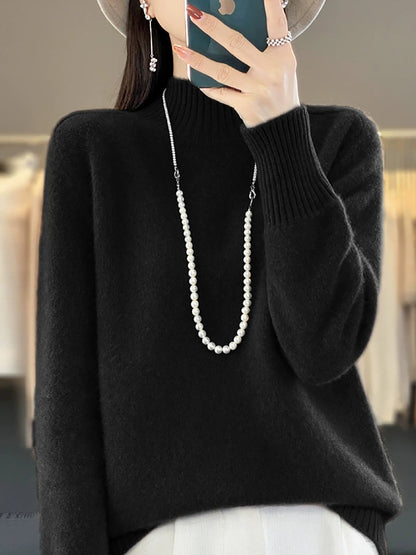 Women Autumn Pure Color 100%Wool Half-Turtleneck Sweater