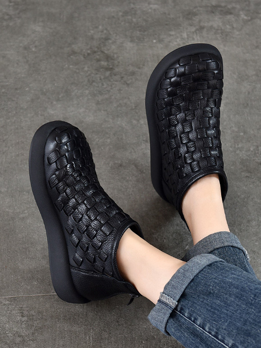 Women Retro Genuine Leather Weave Ankle Boots