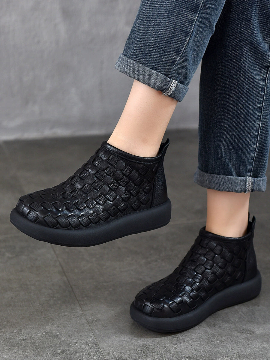 Women Retro Genuine Leather Weave Ankle Boots