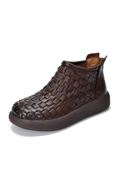 Women Retro Genuine Leather Weave Ankle Boots