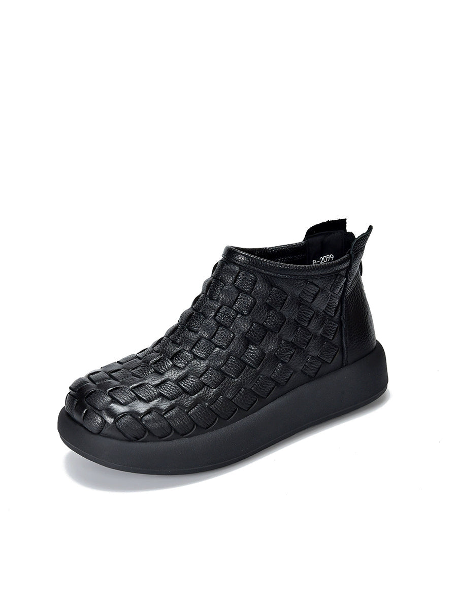 Women Retro Genuine Leather Weave Ankle Boots
