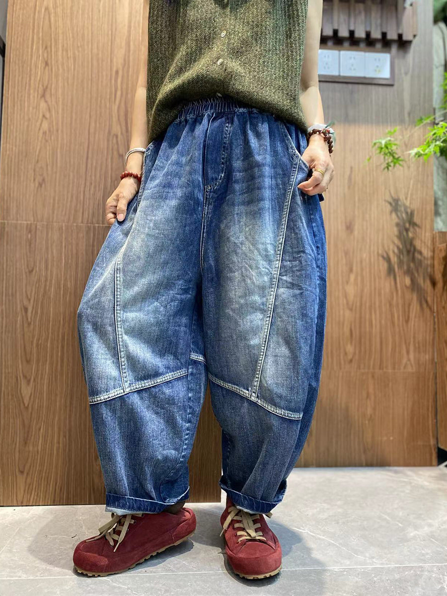 Women Autumn Pure Color Denim Spliced Harem Pants