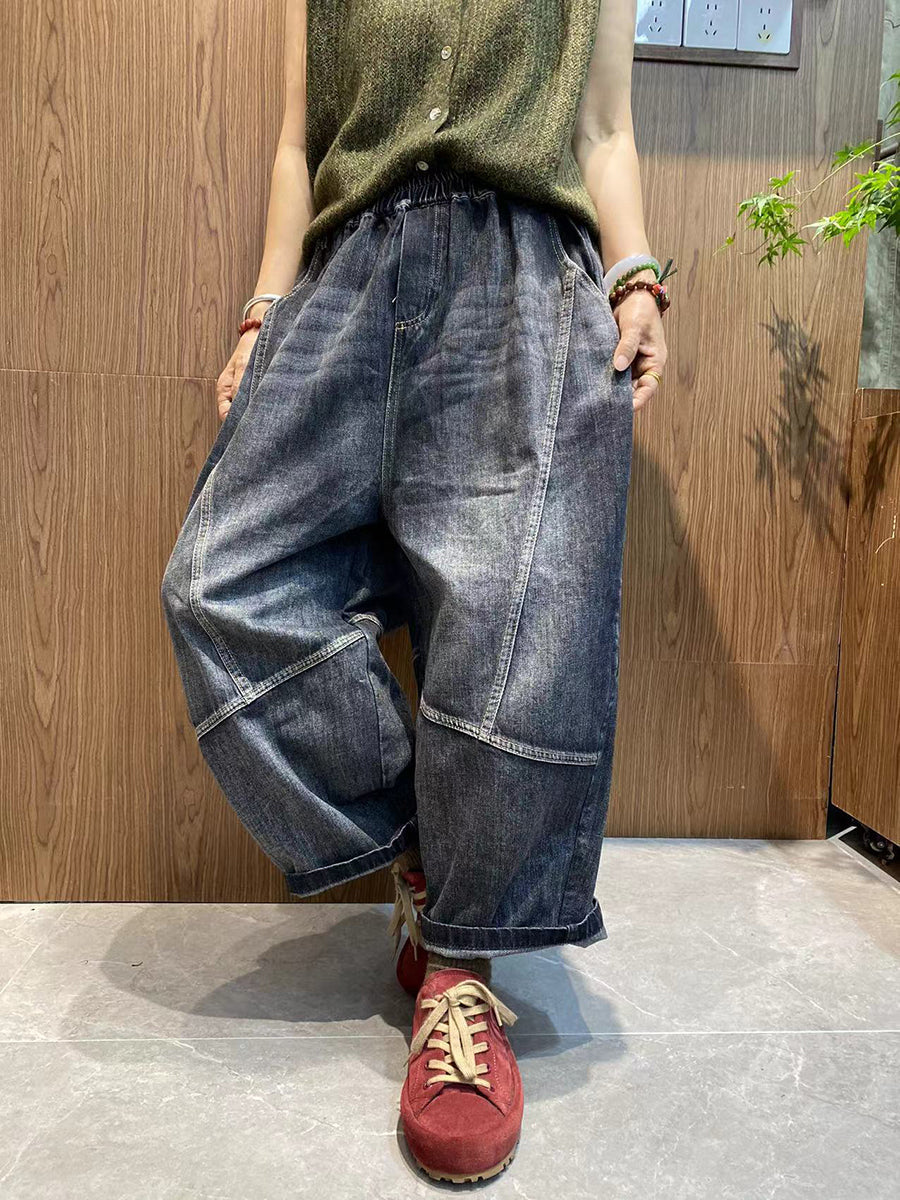 Women Autumn Pure Color Denim Spliced Harem Pants