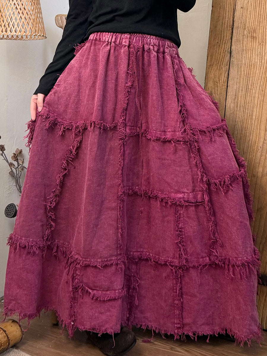 Women Autumn Retro Pure Color Spliced Linen Skirt