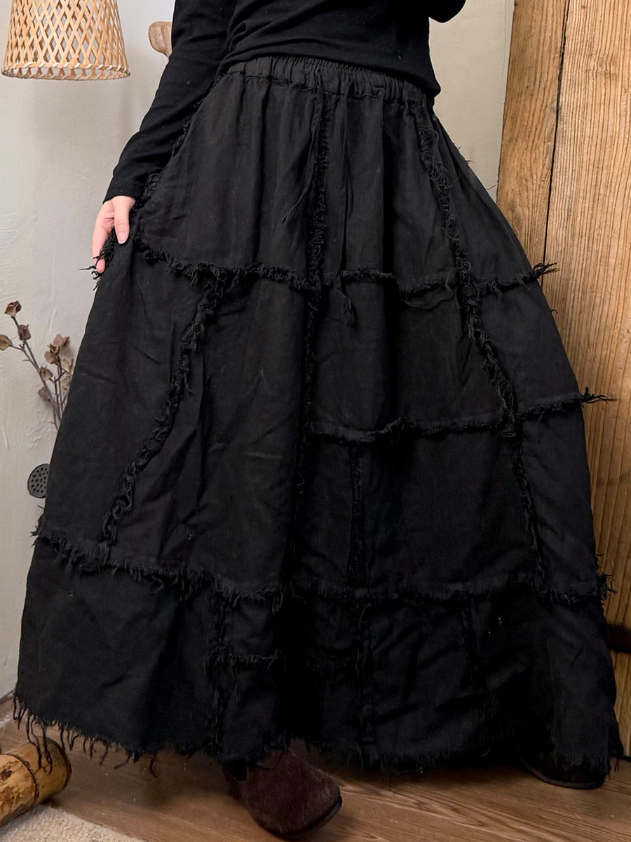 Women Autumn Retro Pure Color Spliced Linen Skirt