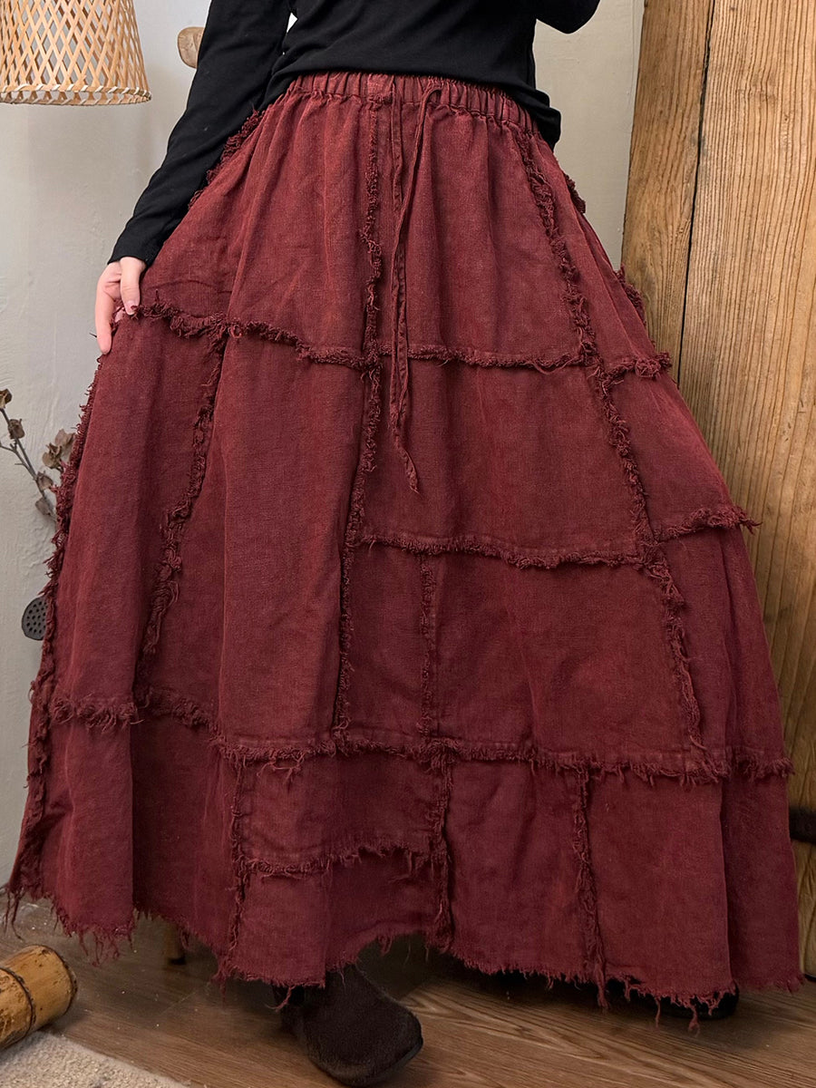 Women Autumn Retro Pure Color Spliced Linen Skirt