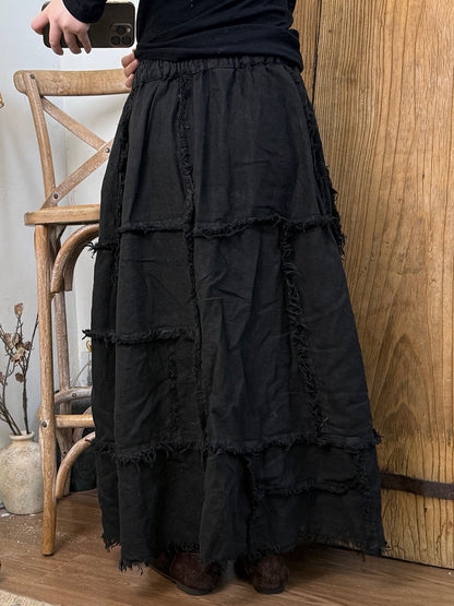 Women Autumn Retro Pure Color Spliced Linen Skirt