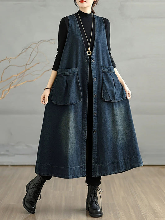 Women Autumn Retro Pure Color Denim V-Neck Vest Dress