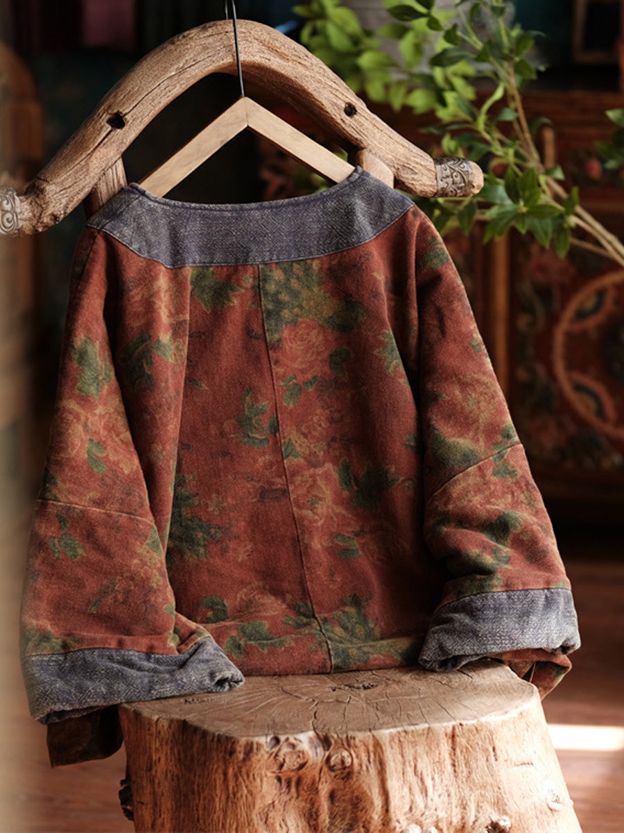 Women Ethnic Autumn Flower Patch O-Neck Cotton Coat