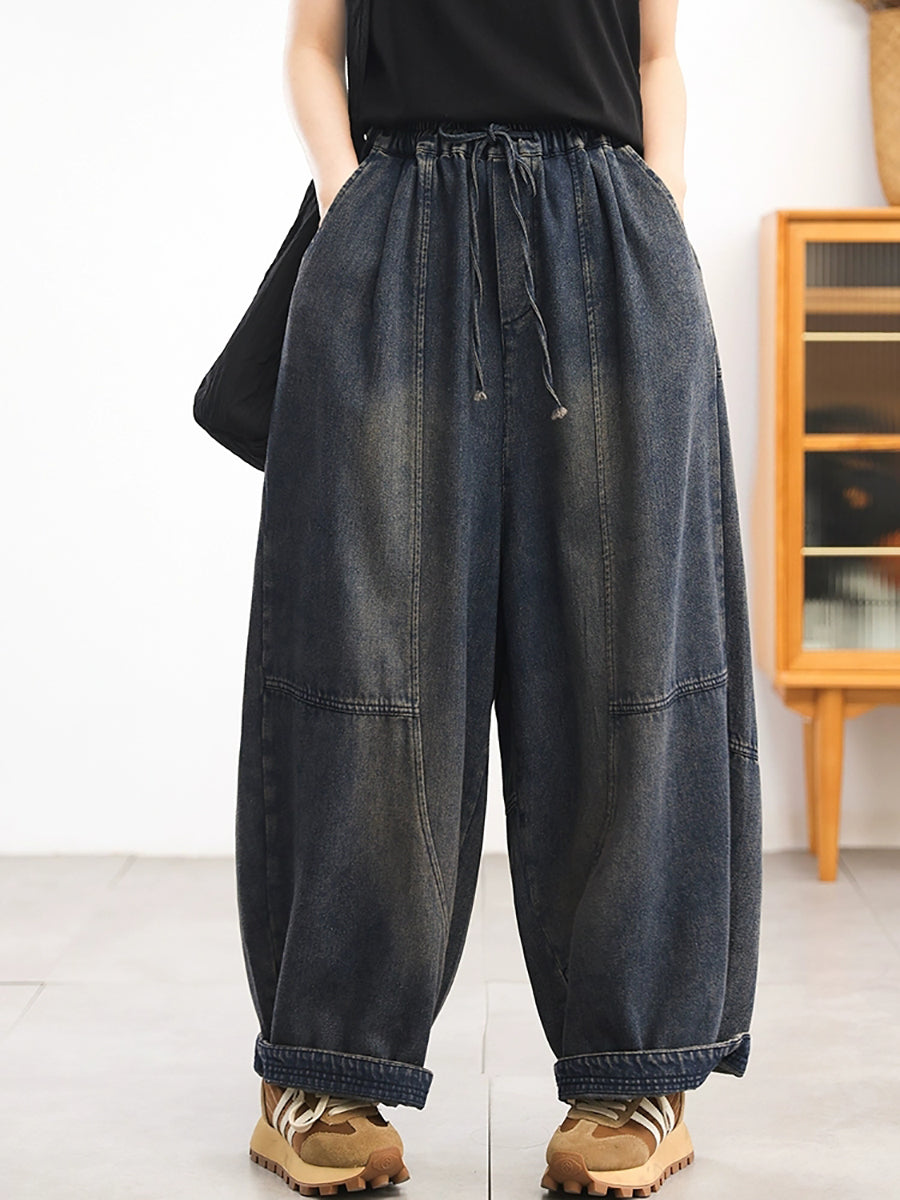 Women Autumn Retro Pure Color Denim Spliced Harem Pants