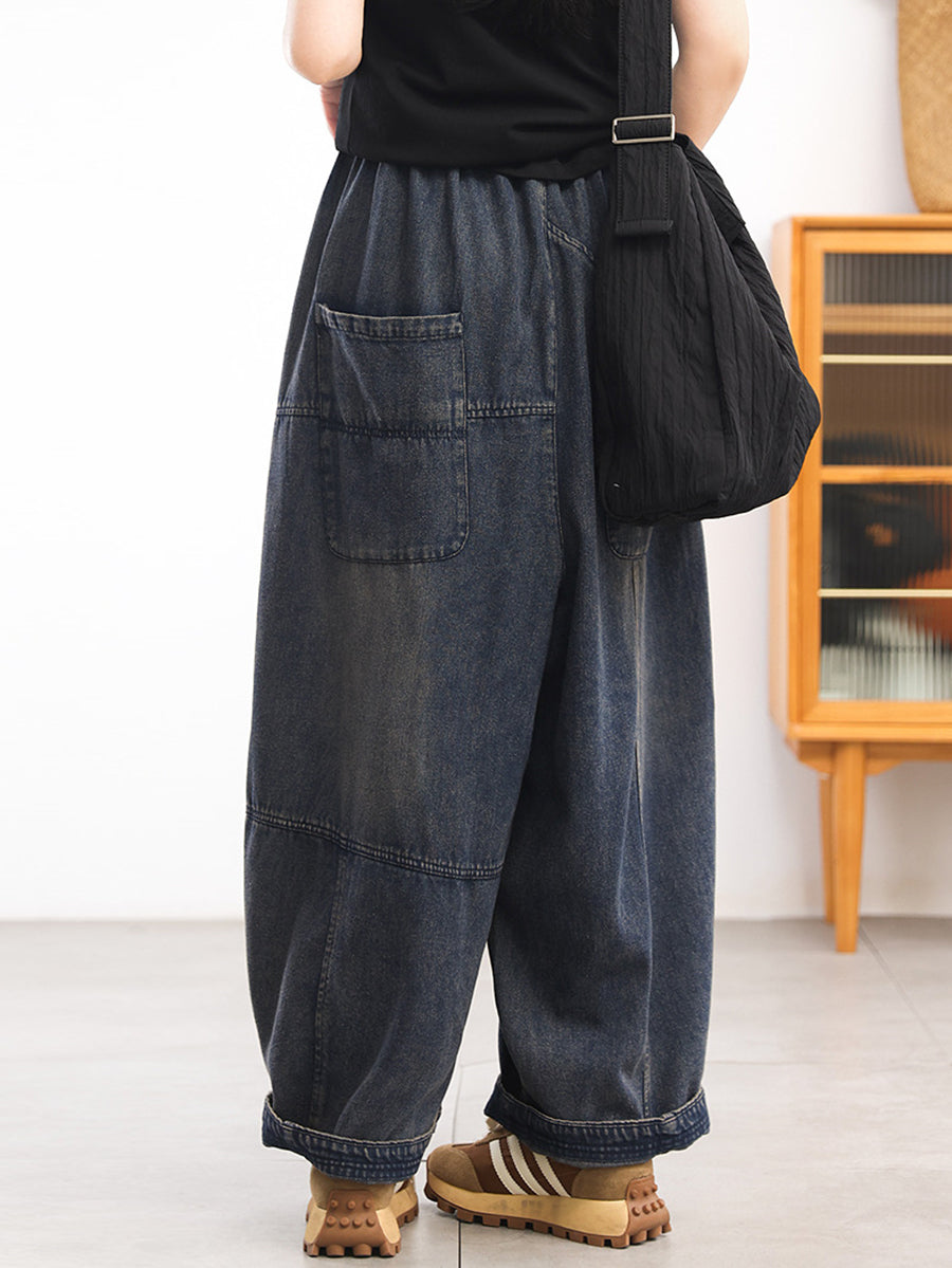 Women Autumn Retro Pure Color Denim Spliced Harem Pants