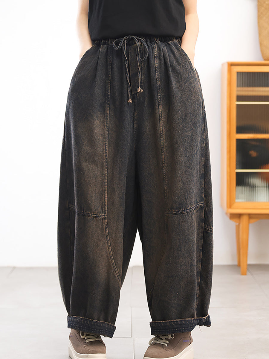 Women Autumn Retro Pure Color Denim Spliced Harem Pants