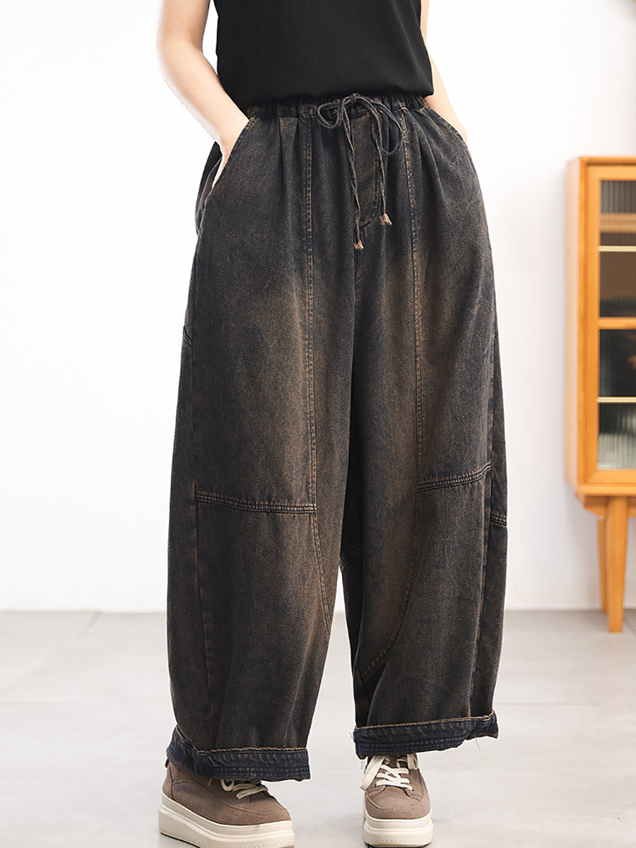 Women Autumn Retro Pure Color Denim Spliced Harem Pants