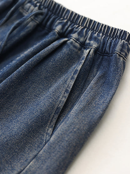 Women Autumn Retro Pure Color Denim Spliced Harem Pants