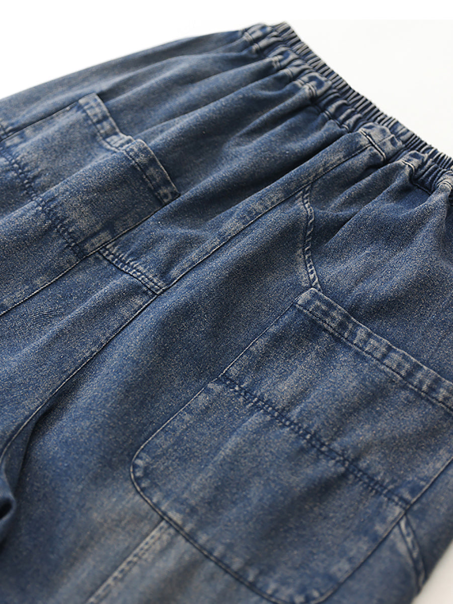 Women Autumn Retro Pure Color Denim Spliced Harem Pants