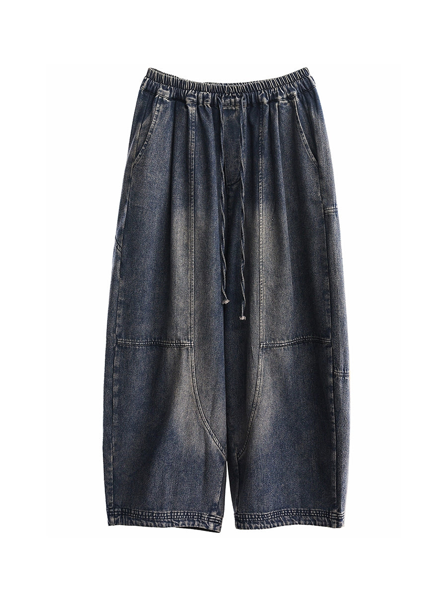 Women Autumn Retro Pure Color Denim Spliced Harem Pants