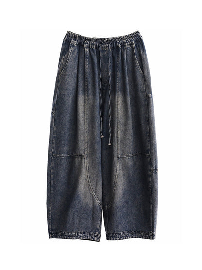 Women Autumn Retro Pure Color Denim Spliced Harem Pants