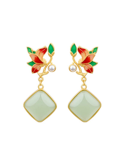 Women Vintage Flower Enamel S925Silver Jade Earrings