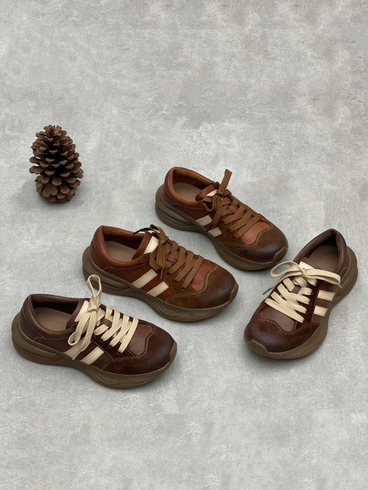 Women Vintage Colorblock Genuine Leather Sport Shoes