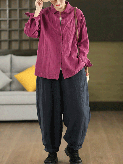 Women Autumn Pure Color 100%Linen Turn-down Collar Shirt