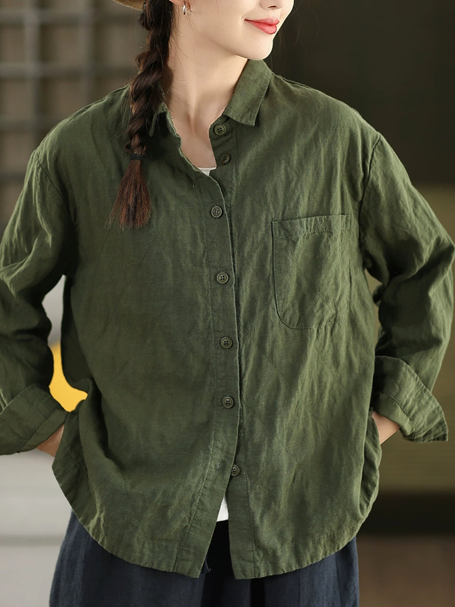 Women Autumn Pure Color 100%Linen Turn-down Collar Shirt
