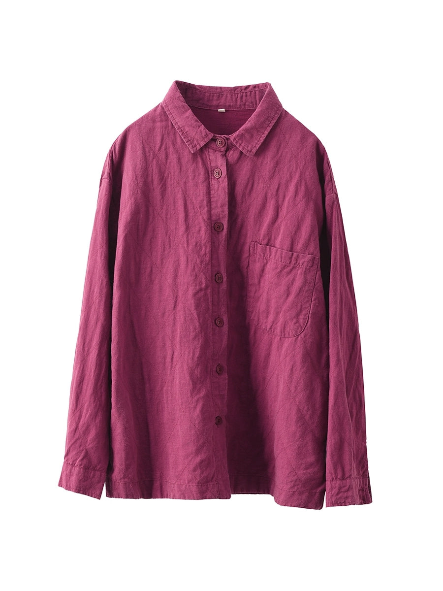 Women Autumn Pure Color 100%Linen Turn-down Collar Shirt