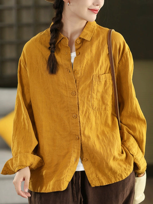 Women Autumn Pure Color 100%Linen Turn-down Collar Shirt