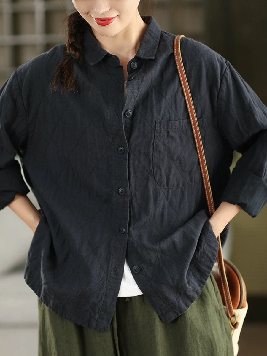 Women Autumn Pure Color 100%Linen Turn-down Collar Shirt
