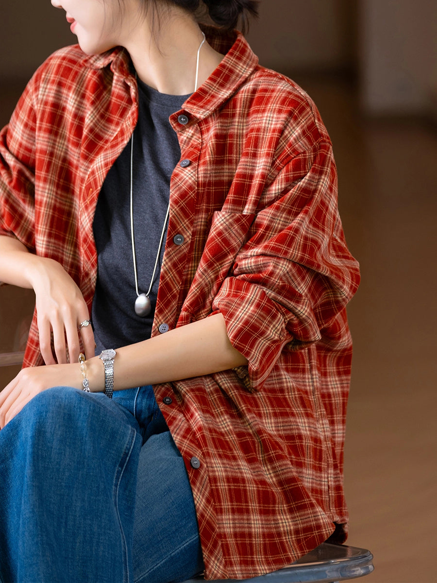 Women Autumn Artsy Plaid Turn-down Collar Shirt