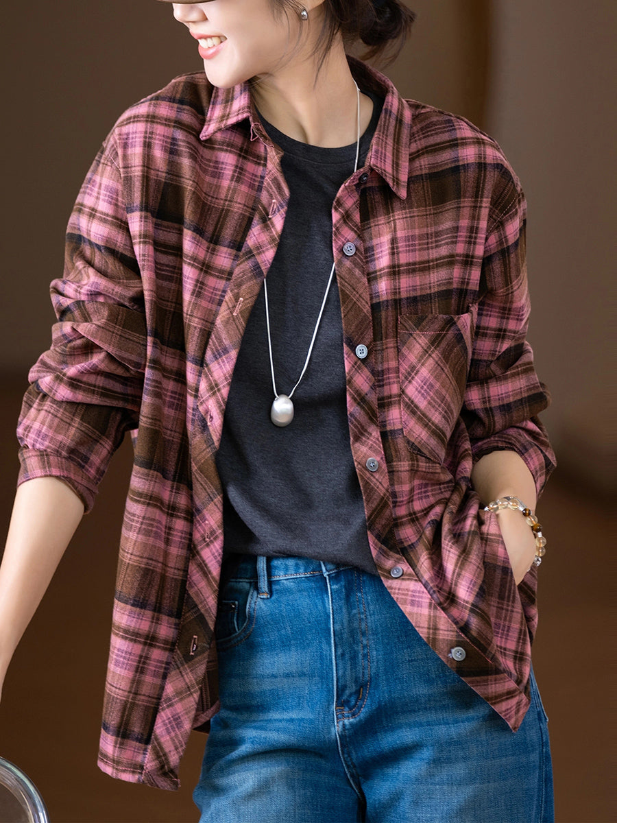 Women Autumn Artsy Plaid Turn-down Collar Shirt
