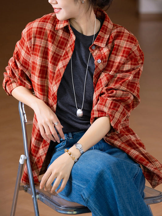 Women Autumn Artsy Plaid Turn-down Collar Shirt