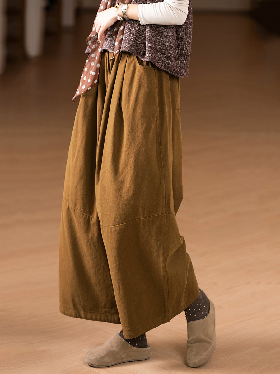 Women Autumn Casual Pure Color 100%Cotton Wide-leg Pants