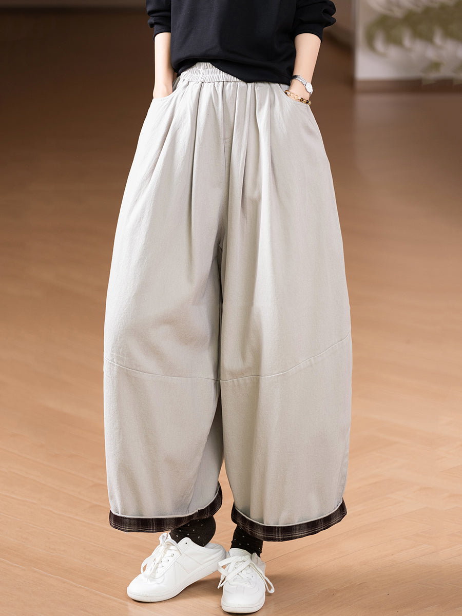 Women Autumn Casual Pure Color 100%Cotton Wide-leg Pants