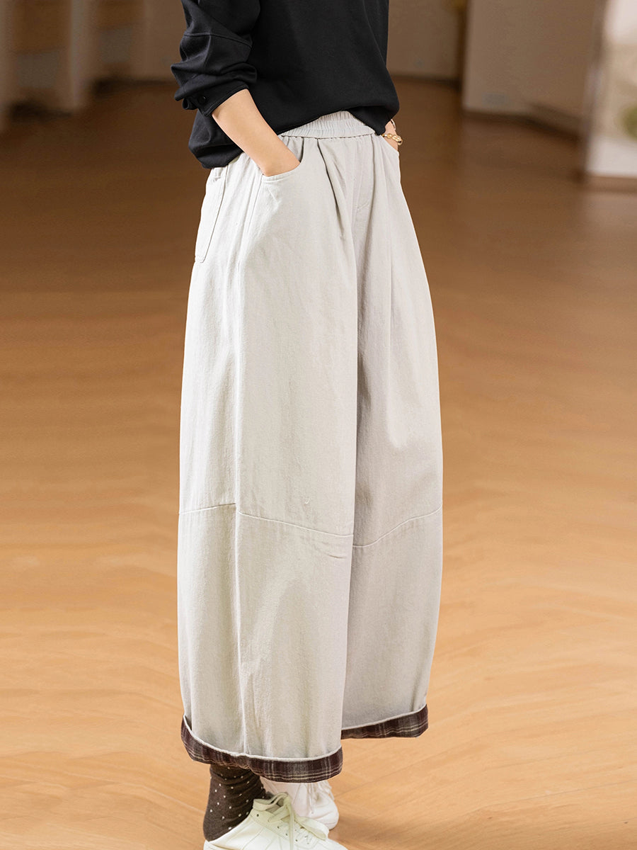 Women Autumn Casual Pure Color 100%Cotton Wide-leg Pants