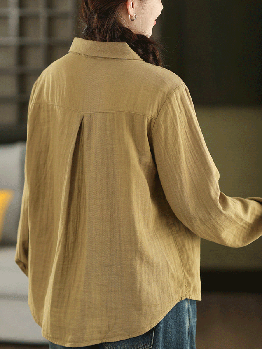 Women Autumn Artsy Pure Color 100%Cotton Shirt