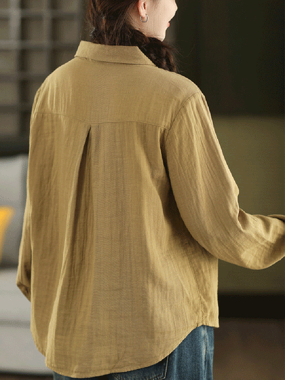 Women Autumn Artsy Pure Color 100%Cotton Shirt