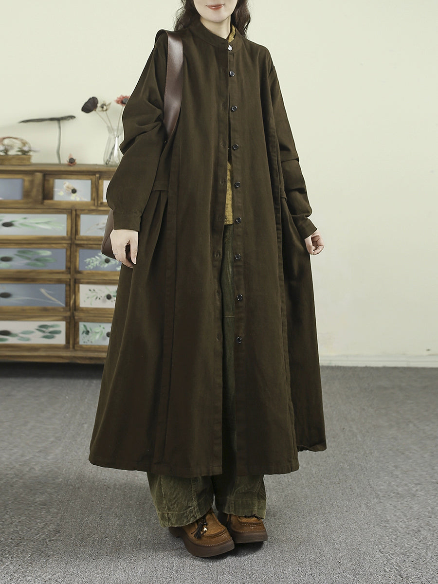 Women Retro Autumn Pure Color Stand Collar Trench Coat