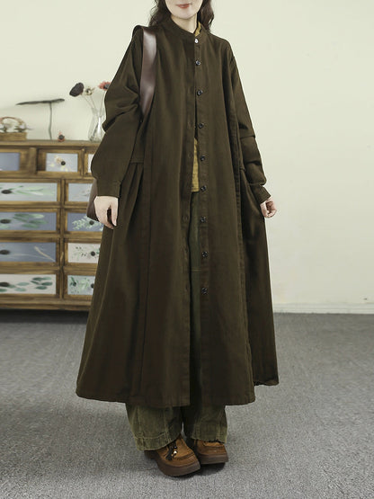 Women Retro Autumn Pure Color Stand Collar Trench Coat