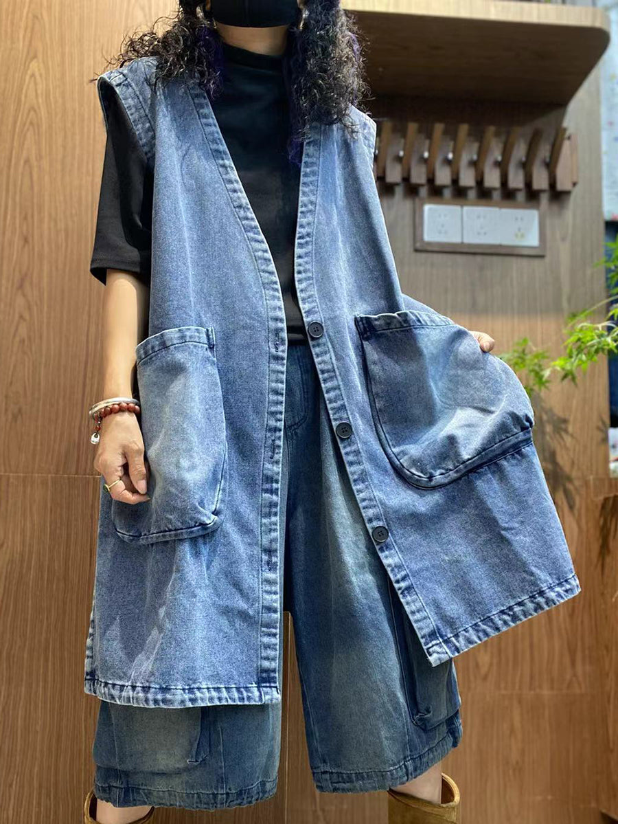 Women Autumn Pure Color V-Neck Denim Vest