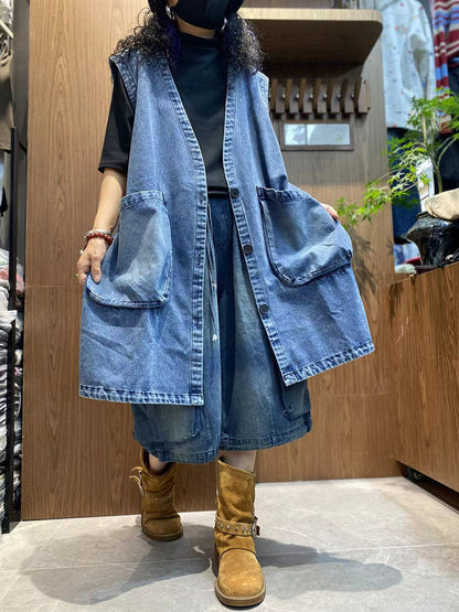 Women Autumn Pure Color V-Neck Denim Vest