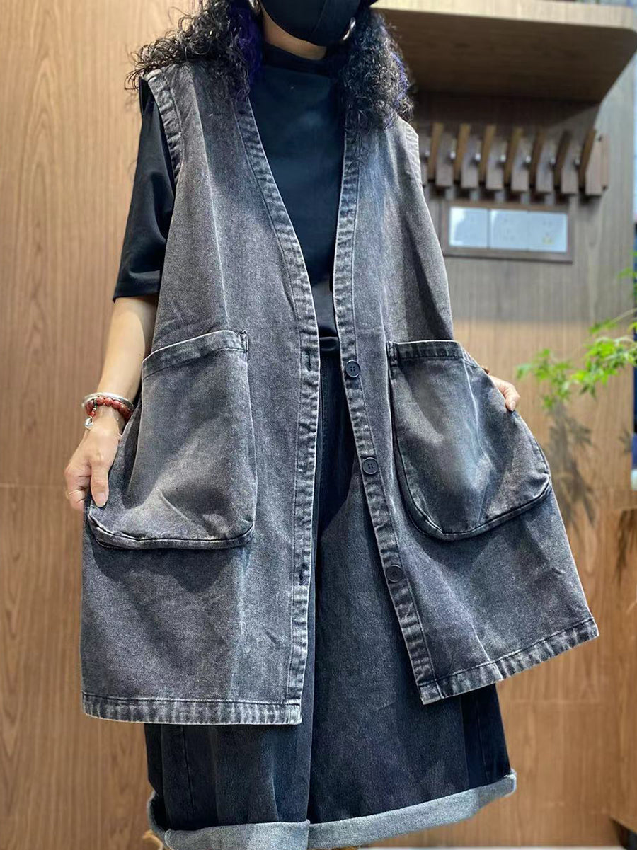 Women Autumn Pure Color V-Neck Denim Vest