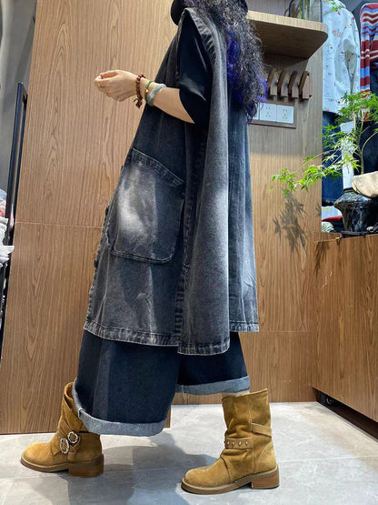 Women Autumn Pure Color V-Neck Denim Vest