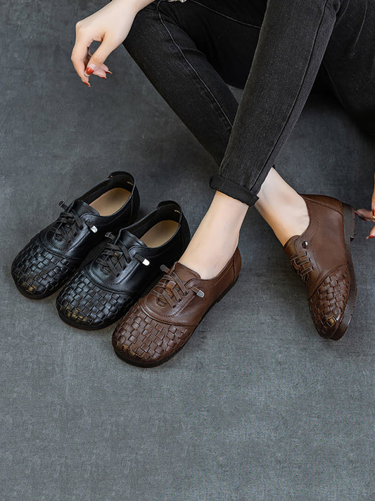 Women Vintage Leather Weave Low Heel Shoes