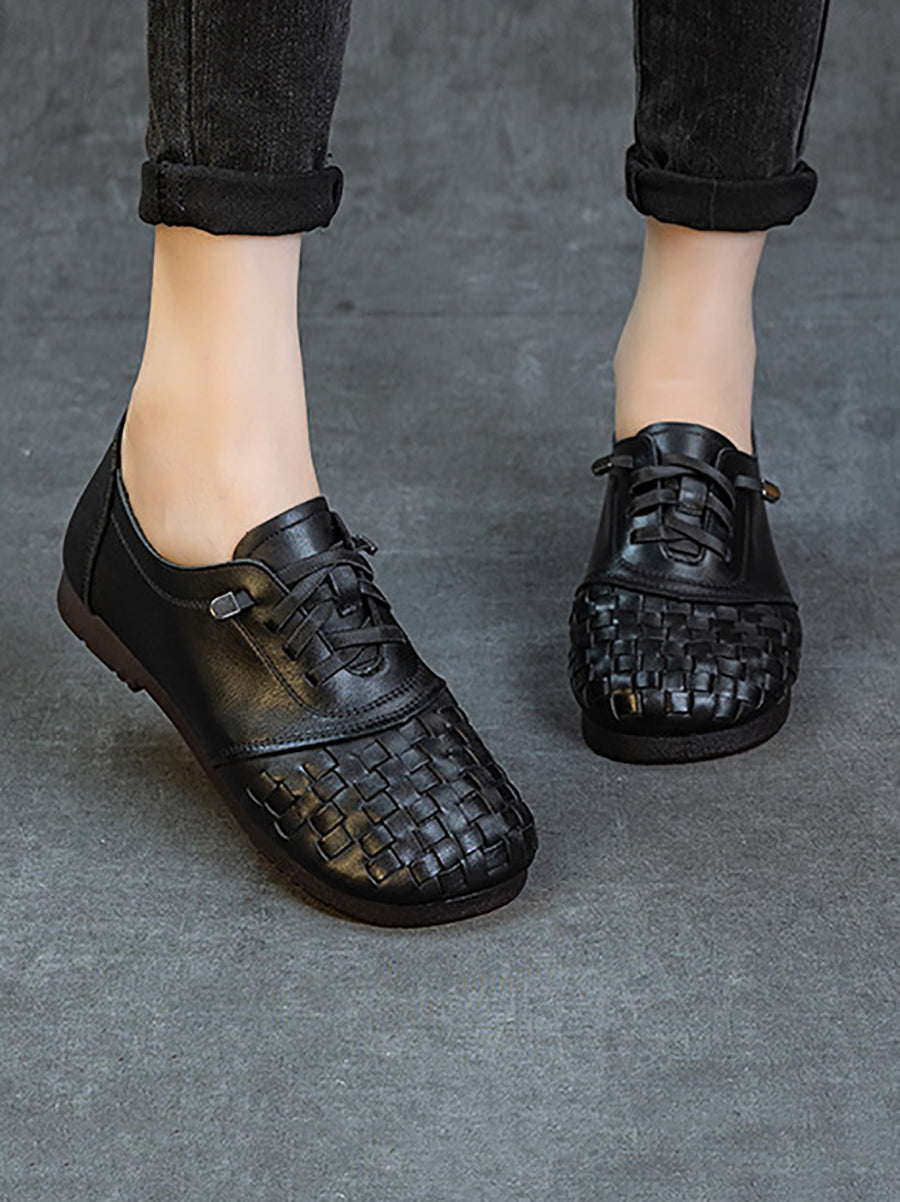 Women Vintage Leather Weave Low Heel Shoes