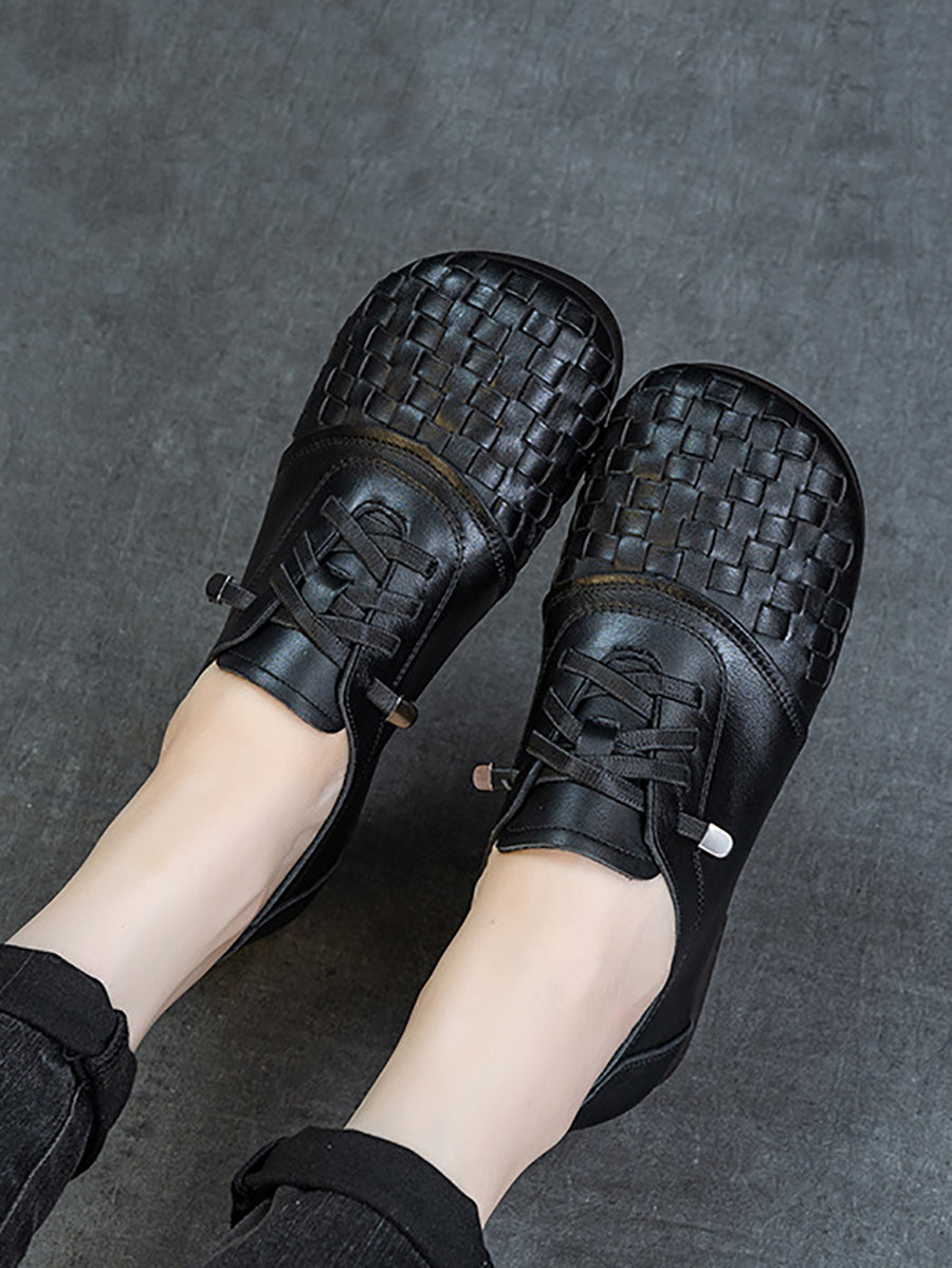 Women Vintage Leather Weave Low Heel Shoes