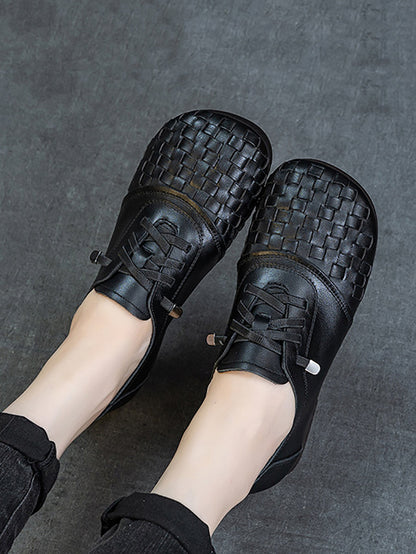 Women Vintage Leather Weave Low Heel Shoes