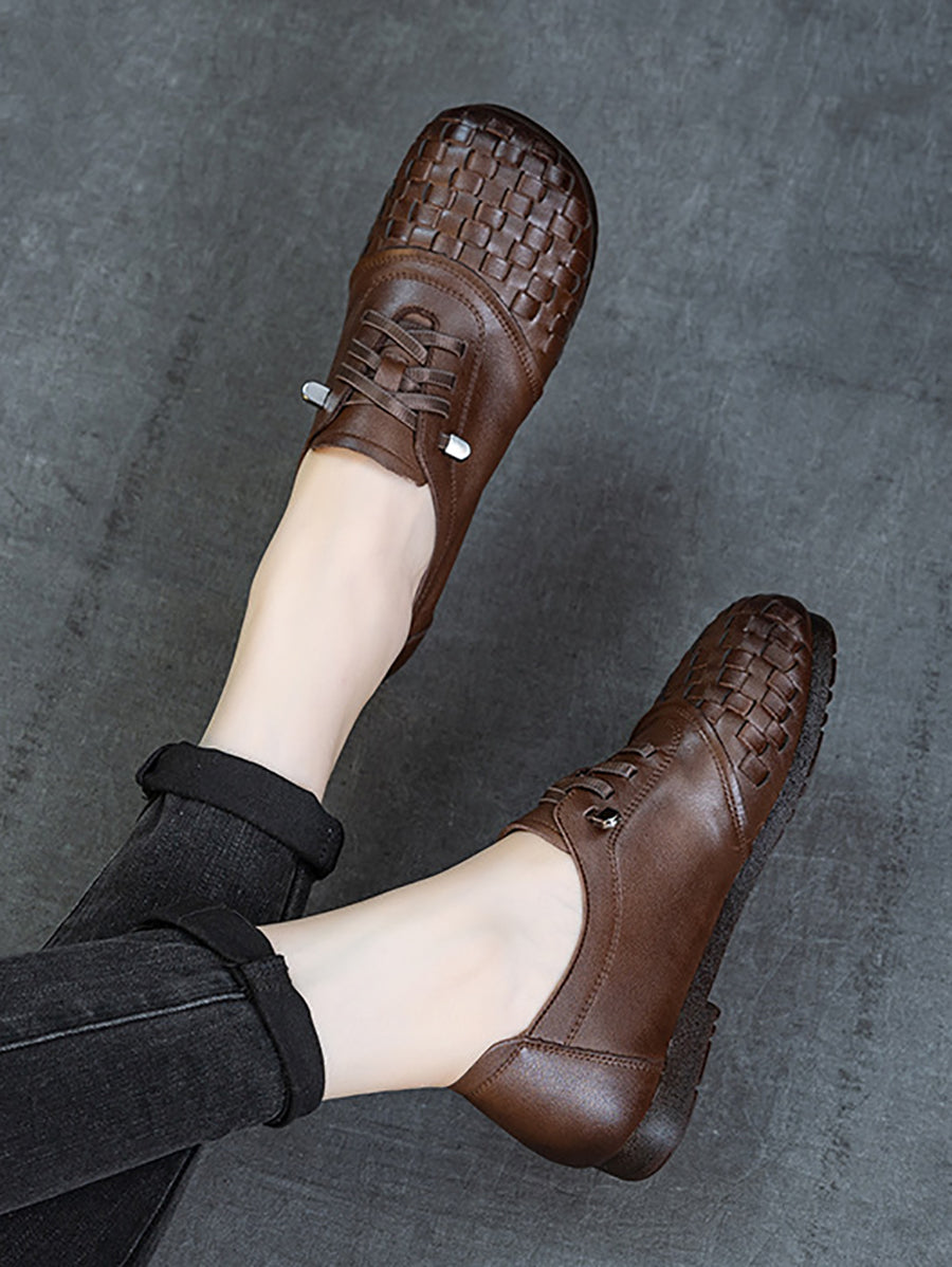 Women Vintage Leather Weave Low Heel Shoes
